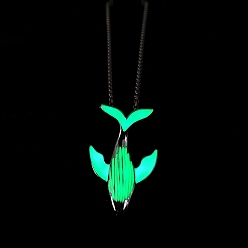 Lime Green Luminous Glow in the Dark Alloy Whale Pendant Necklaces, with Stainless Steel Curb Chain, Lime Green, 27.56 inch(70cm)
