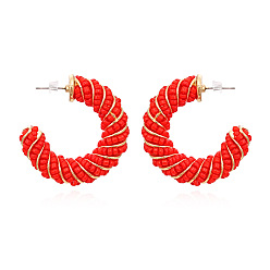 Red Colorful Beaded C-shaped Earrings with Hand-woven Wrapping and Retro Charm