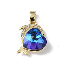 Medium Blue Real 18K Gold Plated Rack Plating Brass Micro Pave Clear Cubic Zirconia Pendants, with Glass, Long-Lasting Plated, Cadmium Free & Lead Free, Dolphin with Heart Charm, Medium Blue, 20.5x17x8mm, Hole: 5.5x3.5mm