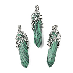 Малахит Синтетического малахита подвески, пулевые чары, с латунной отделкой в виде листа, без кадмия и без свинца, 44~46x11.5~12x12 мм, отверстие : 8x5 мм