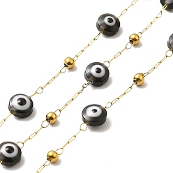 Black Ion Plating(IP) 316 Surgical Stainless Steel Paperclip Chains, with Evil Eye Glass Bead, Soldered, Real 18K Gold Plated, with Spool, Black, Link: 3x1x0.3mm