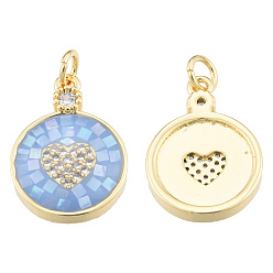 Cornflower Blue Natural Abalone Shell/Paua Shell Pendants, with Brass Micro Pave Clear Cubic Zirconia Findings and Jump Rings, Dyed, Nickel Free, Real 18K Gold Plated, Flat Round with Heart Charm, Cornflower Blue, 19.5x14x3.5mm, Jump Rings: 5mm in diameter, 1mm thick, 3mm inner diameter