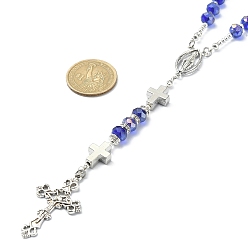 Antique Silver Glass Rosary Bead Necklaces, Alloy Virgin Mary with Cross Pendant Necklace for Women, Antique Silver, 25.59 inch(65cm)