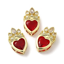 Dark Red Rack Plating Brass Cubic Zirconia Pendants, with Glass, Long-Lasting Plated, Lead Free & Cadmium Free, Real 18K Gold Plated, Heart, Dark Red, 21.5x13x8mm, Hole: 6x3mm and 4.5x3mm