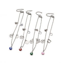 Mixed Patterns Enamel Evil Eye & Cubic Zirconia & 304 Stainless Steel Charm Anklet with Cable Chains, Stainless Steel Color, Mixed Patterns, Pendant: 10~11x7~11x0.5~1mm, 8-7/8 inch(22.5cm)