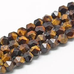 Tiger Eye Natural Tiger Eye Beads Strands, Star Cut Round Beads, Faceted, 8~10x7~8mm, Hole: 1mm, about 48pcs/strand, 15.3 inch