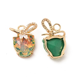 Olivine Brass with K9 Glass Pendants,  Golden Cat with Bowknot Charms, Olivine, 19.5x16x9mm, Hole: 2.5mm