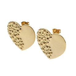 Real 18K Gold Plated Ion Plating(IP) 201 Stainless Steel Stud Earrings, with 304 Stainless Steel Pins, Textured Heart, Real 18K Gold Plated, 22x23mm