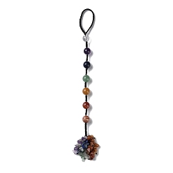 Mixed Stone 7 Chakra Round Natural Gemstone Pendant Decoration, Braided Thread and Gemstone Chip Tassel Hanging Ornaments, 250mm
