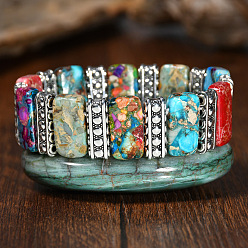 Имперская яшма Браслеты из эластичной ткани в богемном стиле, окрашенные в разные цвета, из натурального императорского яшмы., Браслеты из сплава с акцентами для женщин и мужчин, прямоугольные, 7.09 дюйм (18 см)