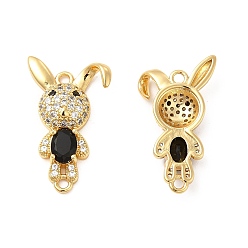 Black Rack Plating Brass Micro Pave Clear Cubic Zirconia Connector Charms, Rabbit Links, with Faceted Glass, Cadmium Free & Lead Free, Real 18K Gold Plated, Black, 28x17x4.5mm, Hole: 1.8mm