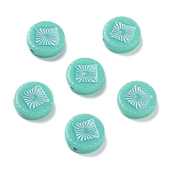 Turquoise Opaque Acrylic Beads, Metal Enlaced, Flat Round with Rhombus Pattern, Turquoise, 15~15.5x4.5~5mm, Hole: 1.8mm, about 606pcs/500g
