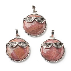 Rhodochrosite Natural Rhodochrosite Pendants, with Platinum Tone Brass Findings, Flat Round with Glasses, 32~32.5x27.5x9mm, Hole: 6.5x5mm