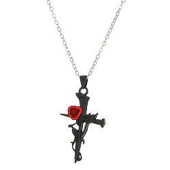 Black Valentine's Day Theme Alloy Pendant Necklaces, Rose, Black, 20.47 inch(52cm)