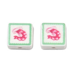 Camellia Printed Handmade Porcelain Beads, Square, Camellia, 15~15.5x15~15.5x7.5~8mm, Hole: 2mm