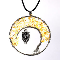 Citrine Natural Citrine Chips Tree of Life Pendant Necklaces, Brass Owl Necklace with Wax Ropes, 19.69 inch(50cm)
