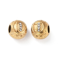 Letter D 304 Stainless Steel Rhinestone European Beads, Round Large Hole Beads, Real 18K Gold Plated, Round with Letter, Letter D, 11x10mm, Hole: 4mm