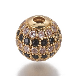 Golden Brass Cubic Zirconia Beads, Round, Black, Golden, 10x9.5mm, Hole: 2.5mm