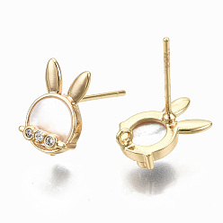 Real 18K Gold Plated Brass Micro Clear Cubic Zirconia Stud Earring Findings, with Shell and Loop, Nickel Free, Rabbit Shape, Real 18K Gold Plated, 12x7.5mm, Hole: 1mm, Pin: 0.7mm
