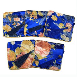 Blue Retro Square Cloth Zipper Pouches, with Tassel and  Flower Pattern, Blue, 11.5x11.5cm
