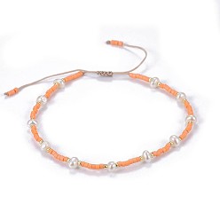 Coral Adjustable Nylon Cord Braided Bead Bracelets, with Japanese Seed Beads and Pearl, Coral, 1-3/4 inch~2-3/4 inch(4.6~7cm)