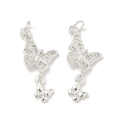 Серебро Латунные микропаве прозрачные подвески с фианитом, без кадмия и без свинца, стойки покрытие, долговечный, бабочки прелести, серебряные, 26x12x3.5 мм, отверстие : 3 мм