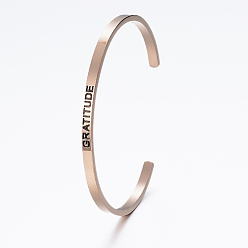 Rose Gold 304 Stainless Steel Inspirational Cuff Bangles, with Enamel & Word Word Gratitude, Rose Gold, 2-1/2 inchx2 inch(62x52mm)