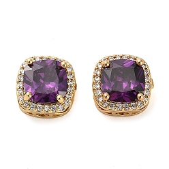 Purple Brass Micro Pave Cubic Zirconia Beads, Real 18K Gold Plated, Square, Purple, 11x11x7.5mm, Hole: 2mm