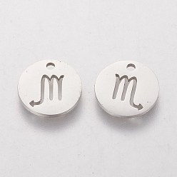Scorpio 304 Stainless Steel Charms, Flat Round with Constellation/Zodiac Sign, Scorpio, 12x1mm, Hole: 1.5mm