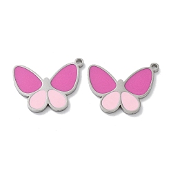 Hot Pink 304 Stainless Steel Pendants, with Enamel, Butterfly Charm, Stainless Steel Color, Hot Pink, 16.5x21x1.5mm, Hole: 1.6mm