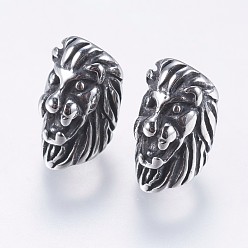 Antique Silver 304 Stainless Steel European Beads, Large Hole Beads, Lion Head, Antique Silver, 13.5x7.5x10mm, Hole: 5mm