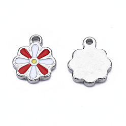 Белый 304 прелести нержавеющей стали, с эмалью, цветок, цвет нержавеющей стали, белые, 12.5x10x2 мм, отверстие : 1.5 мм