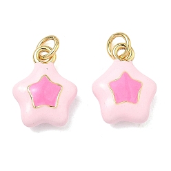Розовый Латунь эмаль подвески, звезды прелести, долговечный, стойки покрытие, без свинца и без кадмия, реальный 18 k позолоченный, туманная роза, 14x11x4.5 мм, отверстие : 3 мм, Перейти кольцо: 5x1 мм