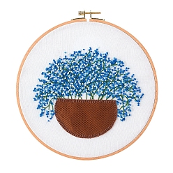 Steel Blue Flower Basket Pattern Embroidery Beginner Kits, including Embroidery Fabric & Needle & Thread, Instruction, Steel Blue, 200mm