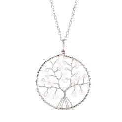 Quartz Crystal Natural Quartz Crystal Chips Beaded Tree of Life Pendant Necklaces, with Platinum Alloy Chains, 19.69 inch(50cm)