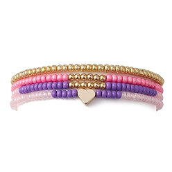Mixed Color 4Pcs 4 Style Brass Heart & Glass Seed Beaded Stretch Bracelets Set, Stackable Bracelets, Mixed Color, Inner Diameter: 2-1/8 inch(5.5cm), 1Pc/style