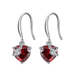 Dark Red Cubic Zirconia Heart Dangle Earrings, Real Platinum Plated Rhodium Plated 925 Sterling Silver Earrings for Women, Dark Red, 26mm