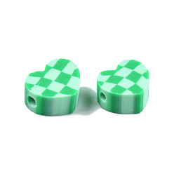 Medium Sea Green Handmade Polymer Clay Beads, Heart with Tartan Pattern, Medium Sea Green, 9~9.5x10~11x4~5mm, Hole: 1.5~1.8mm