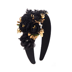 black Baroque Style Crystal Flower Headband with Wide Brim and High Crown