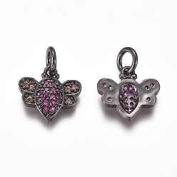 Черный Цвет Металла Латунные микро проложить кубического циркония прелести, с прыжковых колец, Пчелы, пурпурный и персиковый, металлический черный , 10x11x2 мм, отверстие : 3 мм