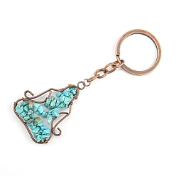 Synthetic Turquoise Copper Wire Wrapped Synthetic Turquoise Chips Yoga Pendant Keychains, for Car Key Backpack Pendant Accessories, 10x4.5cm