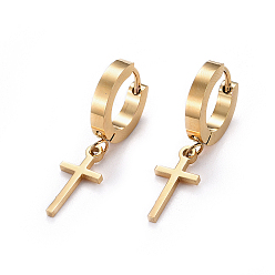 Golden 304 Stainless Steel Dangle Hoop Earrings, Hypoallergenic Earrings, Cross, Golden, 30mm, Pin: 0.9mm, 6pairs/board