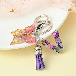 Letter V Resin Letter & Acrylic Butterfly Charms Keychain, Tassel Pendant Keychain with Alloy Keychain Clasp, Letter V, 9cm