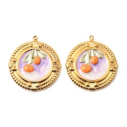 Оранжевый 304 нержавеющей стальной эмали подвески, плоский круглый с вишневым шармом, золотые, оранжевые, 27.5x25x3.5 мм, отверстие : 1.4 мм