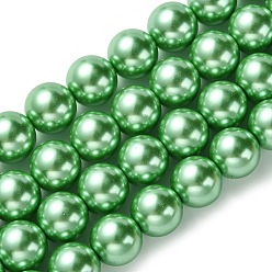 Spring Green Eco-Friendly Glass Pearl Beads Strands, Grade A, Round, Dyed, Cotton Cord Threaded, Spring Green, 12mm, Hole: 1.2~1.5mm, about 34pcs/strand, 15.7 inch