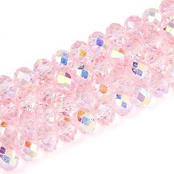 Pink Transparent Glass Beads Strands, Rondelle, Half Plated, AB Color Plated, Faceted, Pink, 6~6.5x5~5.5mm, Hole: 1mm, about 82~83pcs/strand, 16.14~16.34 inch(41~41.5cm)