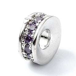Purple Rack Plating Brass Pave Cubic Zirconia Beads, Long-Lasting Plated, Lead Free & Cadmium Free, Real 18K Gold Plated, Flat Round, Purple, 6x2.7mm, Hole: 2.2mm