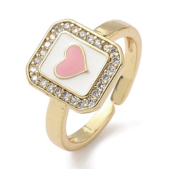 Pink Латунные микро проложить манжеты кольца кубического циркония, с эмалью, прямоугольник и сердце, долговечный, стойки покрытие, без свинца и без кадмия, реальный 18 k позолоченный, розовые, 12x11 мм