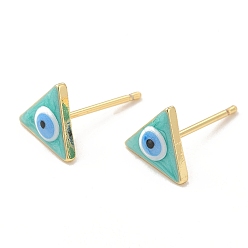 Turquoise Pálido Aretes de triángulo esmaltado con mal de ojo, joyas de latón chapado en oro real 18k para mujer, turquesa pálido, 8x9 mm, pin: 0.8 mm