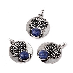 Sodalite Natural Sodalite Alloy Pendants, Lead Free & Cadmium Free, Antique Silver, Flat Round with Tree, 28.5x24.5x6.5mm, Hole: 4x3.5mm